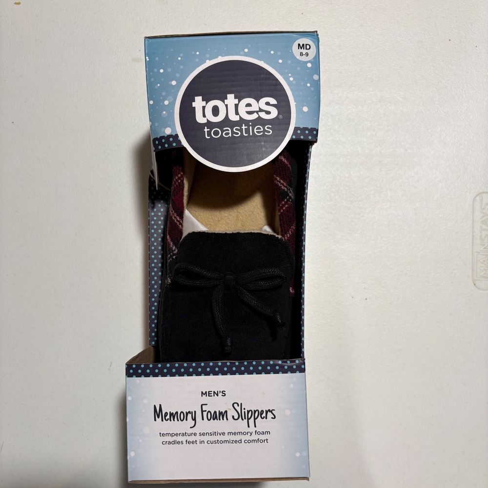 Totes Toasties Mens Memory Foam Slippers Black Plaid Moccasin Size Medium 8-9‎